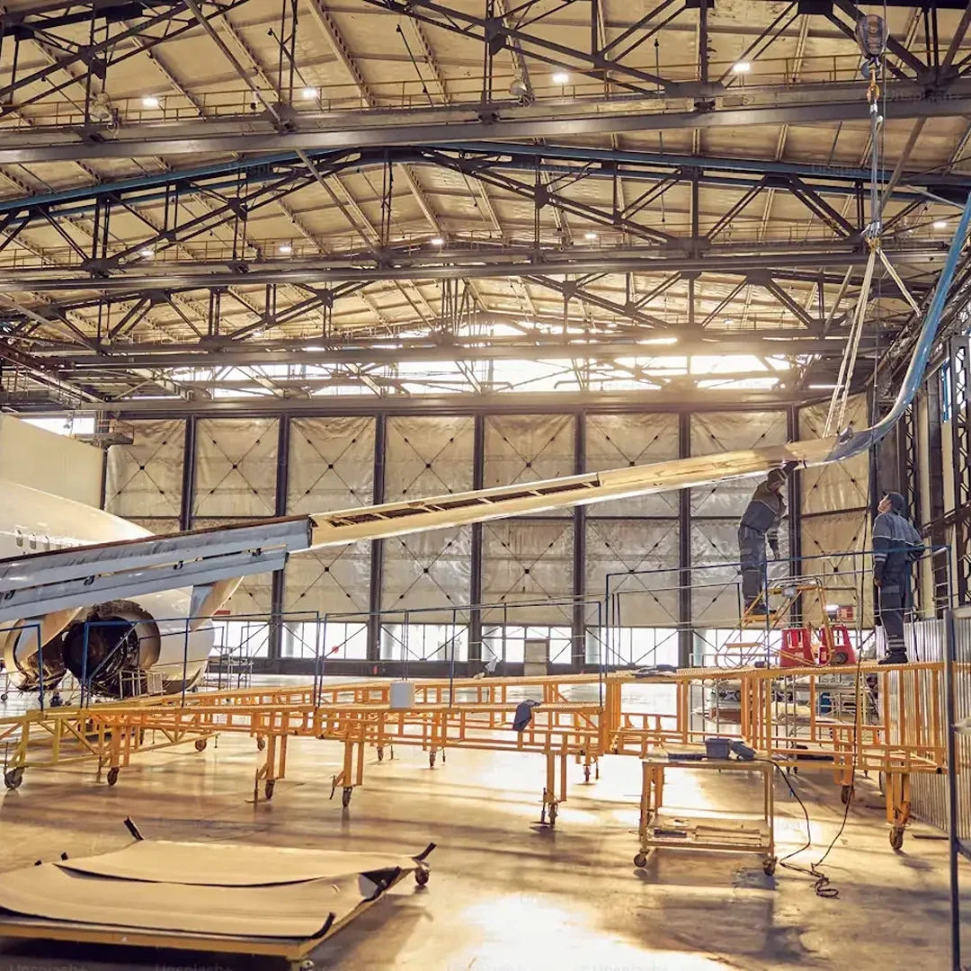 inside of a steel aircraft hanagr